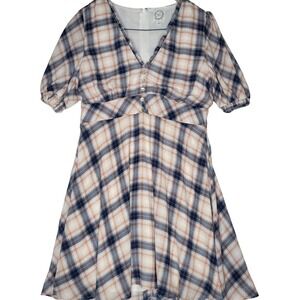 Blue Rain Francescas Plaid Mini Dress Navy Rust Orange Pearl Button Priella Lg